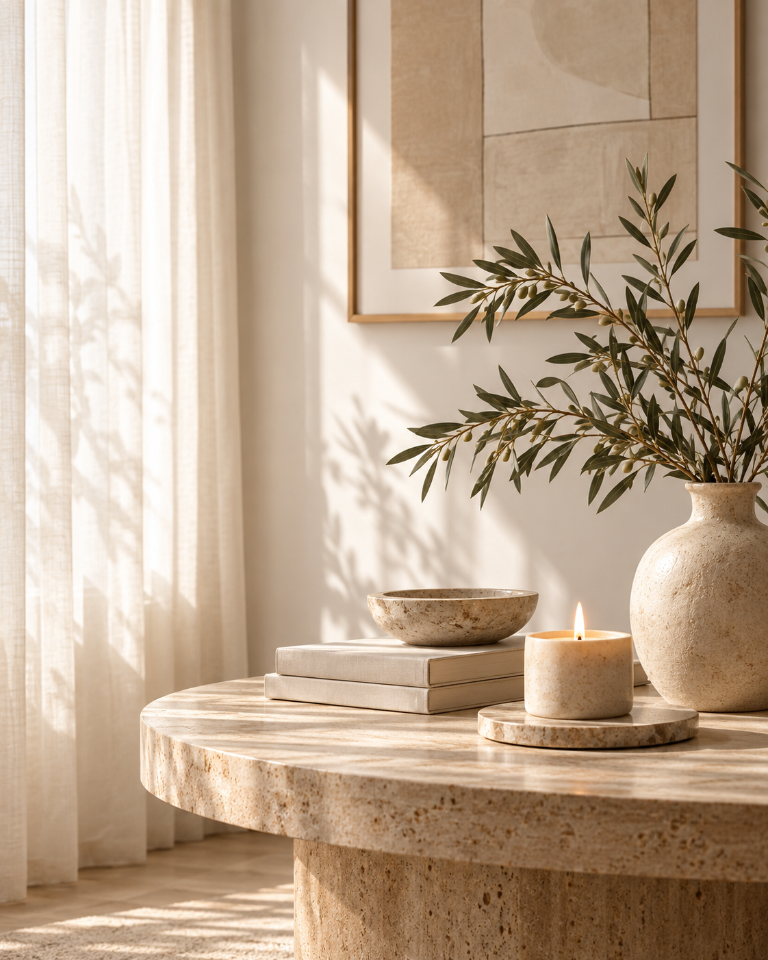 sunlit travertine table vignette